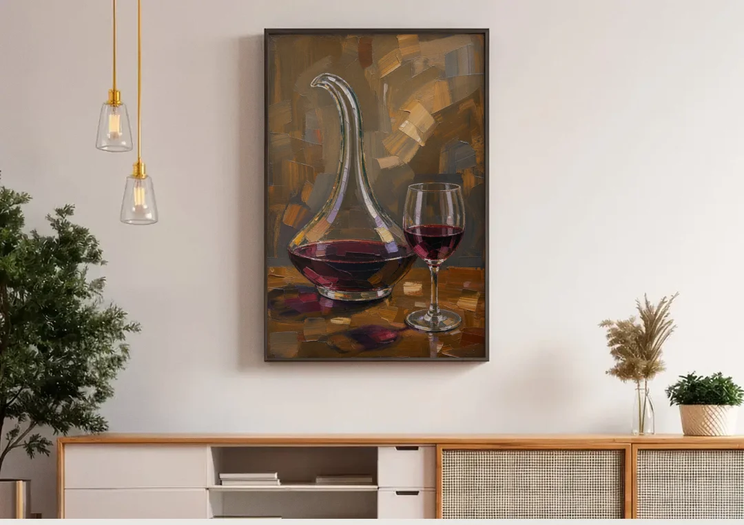 Wine Art Prints Swan Neck Decanter and Glass canvas wall art above a wooden sideboard under pendant lights