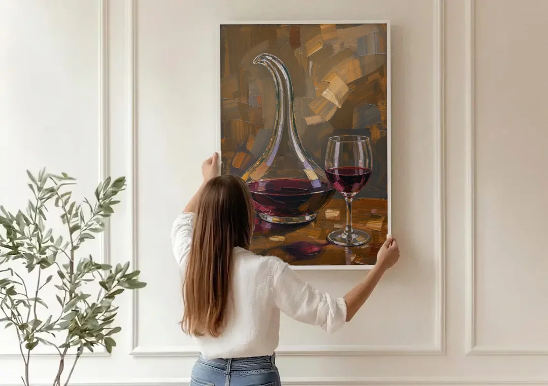 Wine Art Prints Swan Neck Decanter and Glass canvas wall art being hung on a paneled wall