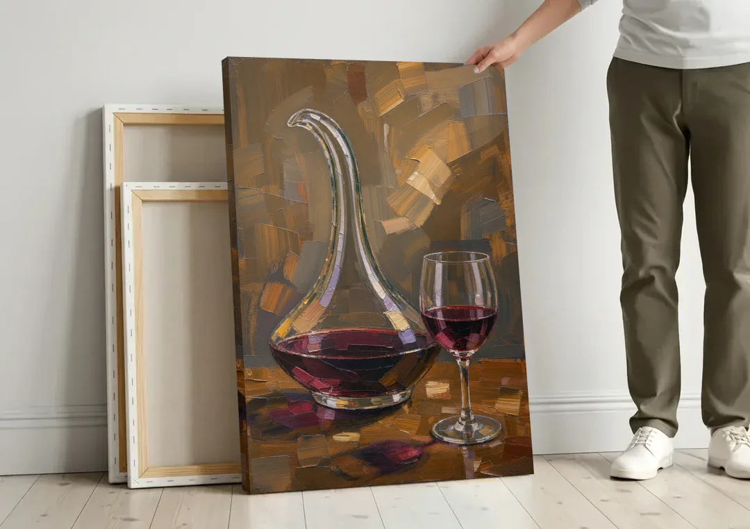 Wine Art Prints Swan Neck Decanter and Glass canvas wall art leaning against a wall next to blank canvases