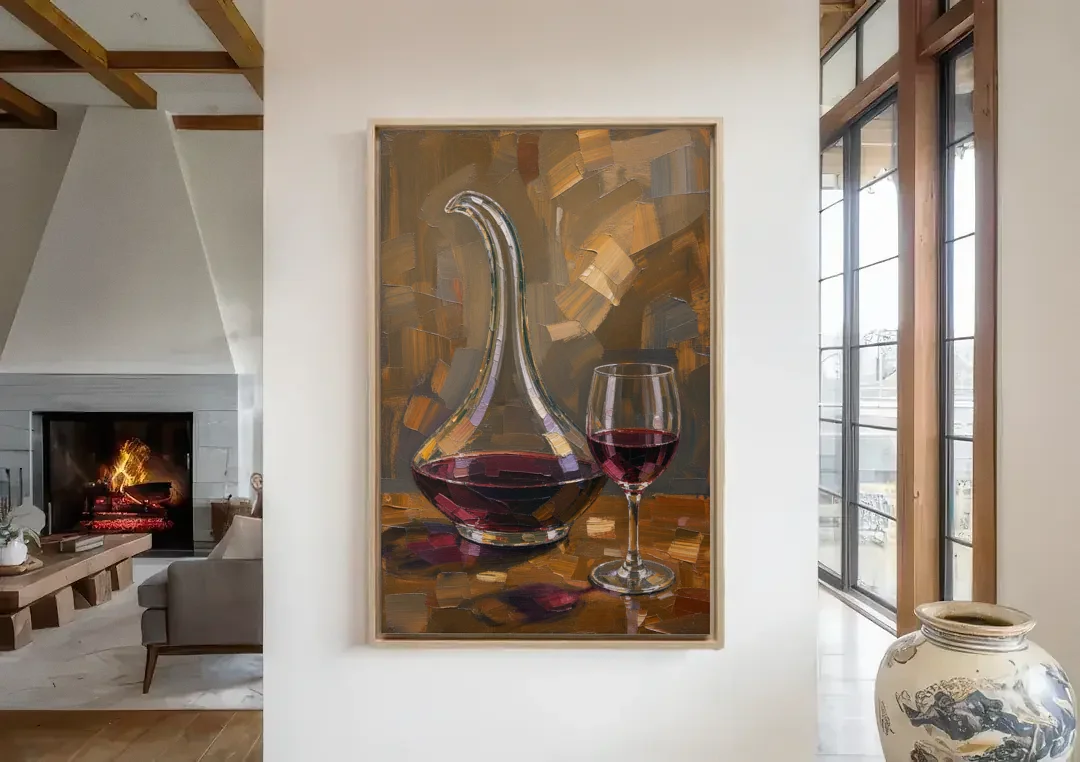 Wine Art Prints Swan Neck Decanter and Glass canvas wall art in a living room with a fireplace