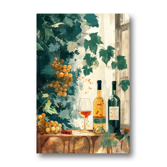 Wine Art with Grapes and Vine Leaves - Canvas Wall Art - Front