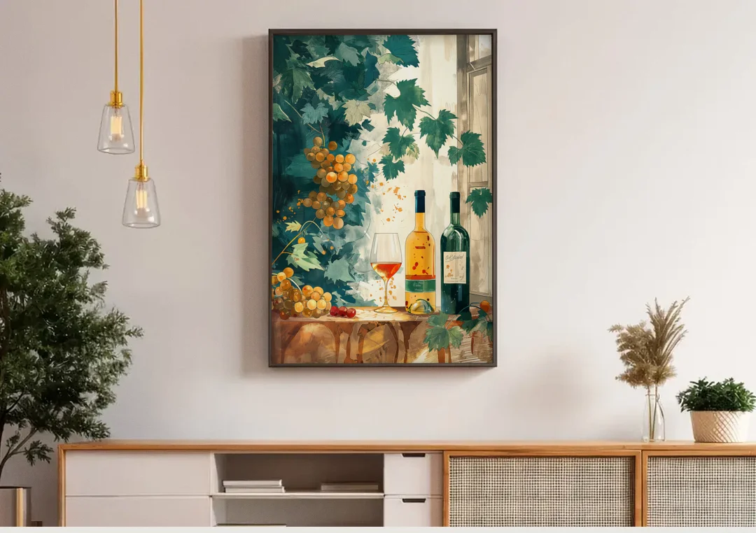 Wine Art with Grapes and Vine Leaves canvas wall art above a wooden sideboard under pendant lights