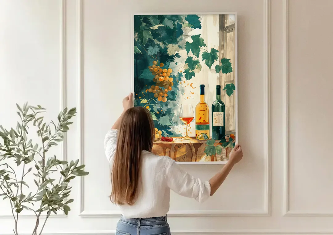 Wine Art with Grapes and Vine Leaves canvas wall art being hung on a paneled wall
