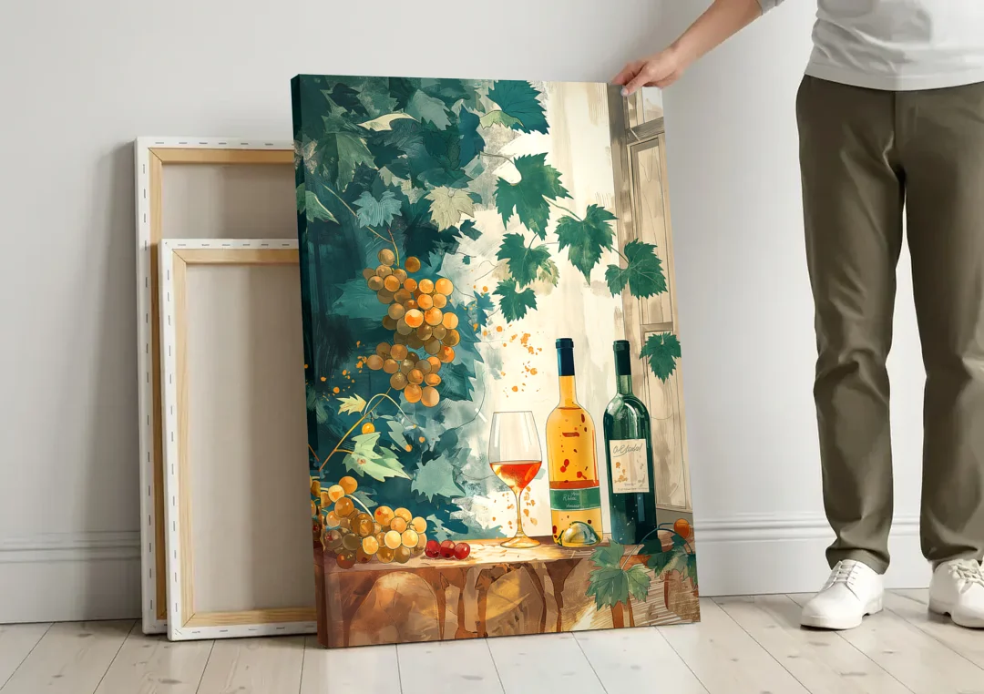 Wine Art with Grapes and Vine Leaves canvas wall art leaning against a wall next to blank canvases