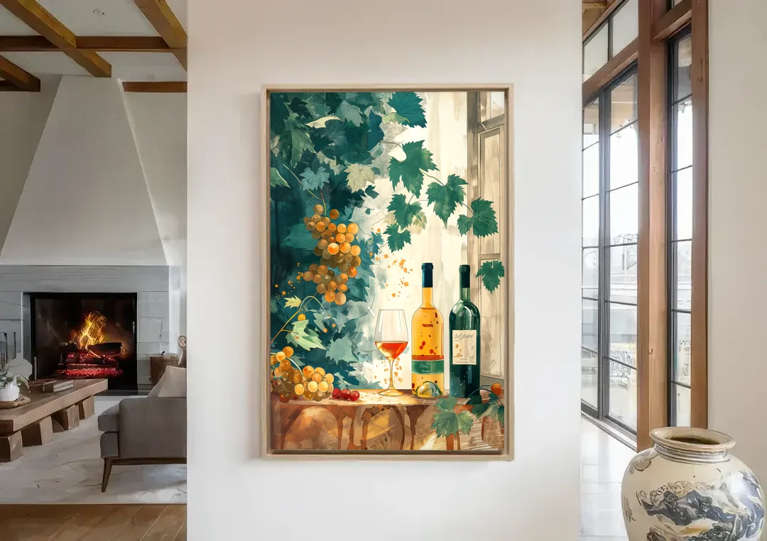 Wine Art with Grapes and Vine Leaves canvas wall art in a living room with a fireplace
