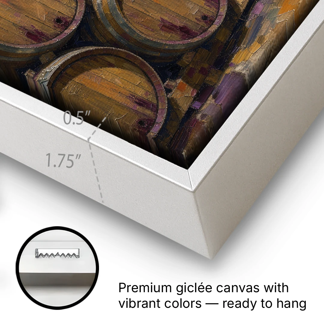 Wine Barrel Painting Pyramid of Oak Casks - White Framed Canvas Wall Art - Gallery Wrap Corner