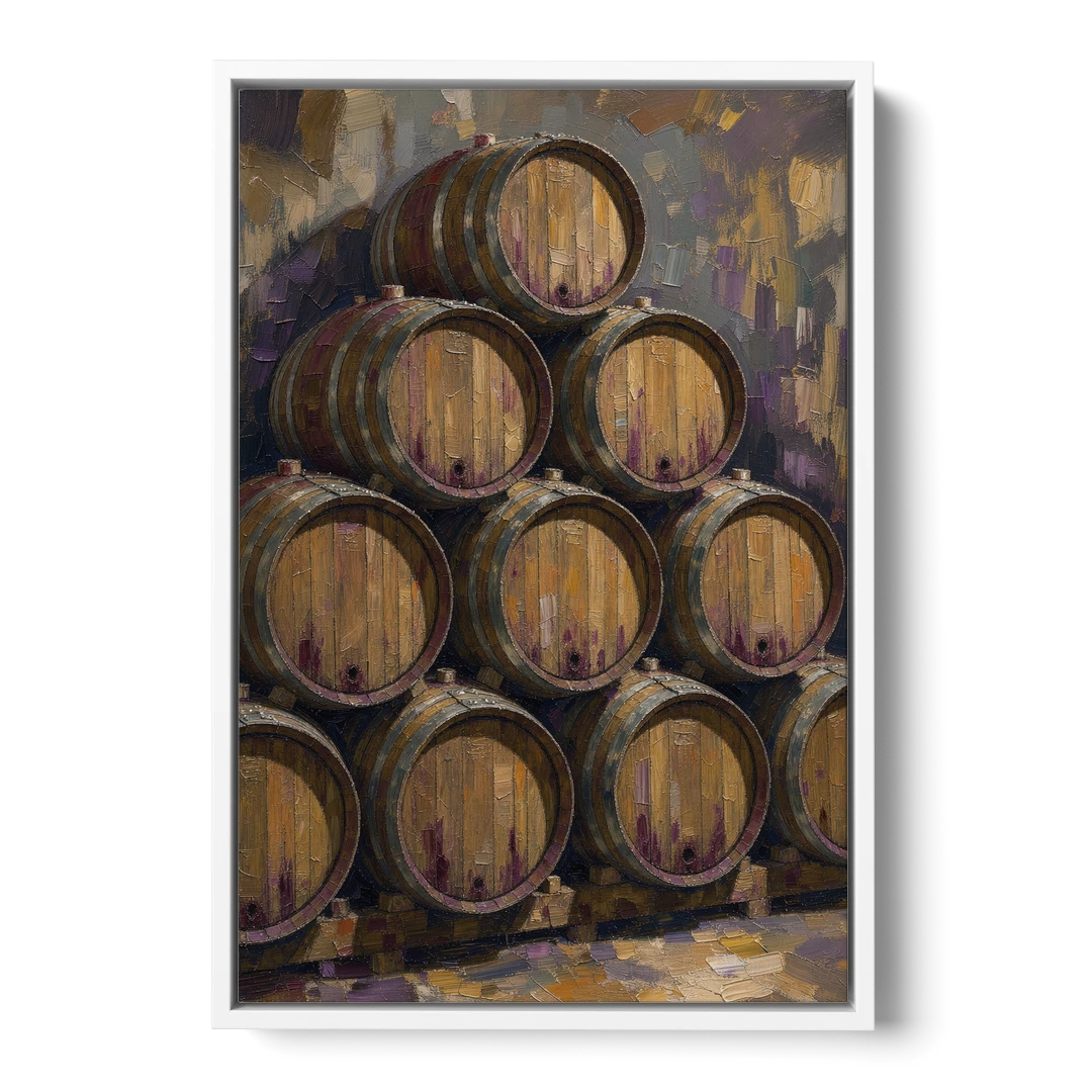 Wine Barrel Painting Pyramid of Oak Casks - White Framed Canvas Wall Art - Front