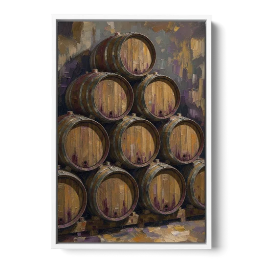 Wine Barrel Painting Pyramid of Oak Casks - White Framed Canvas Wall Art - Front