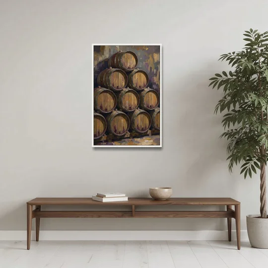 Wine Barrel Painting Pyramid of Oak Casks - White Framed Canvas Wall Art - Coffee Table - 24x36