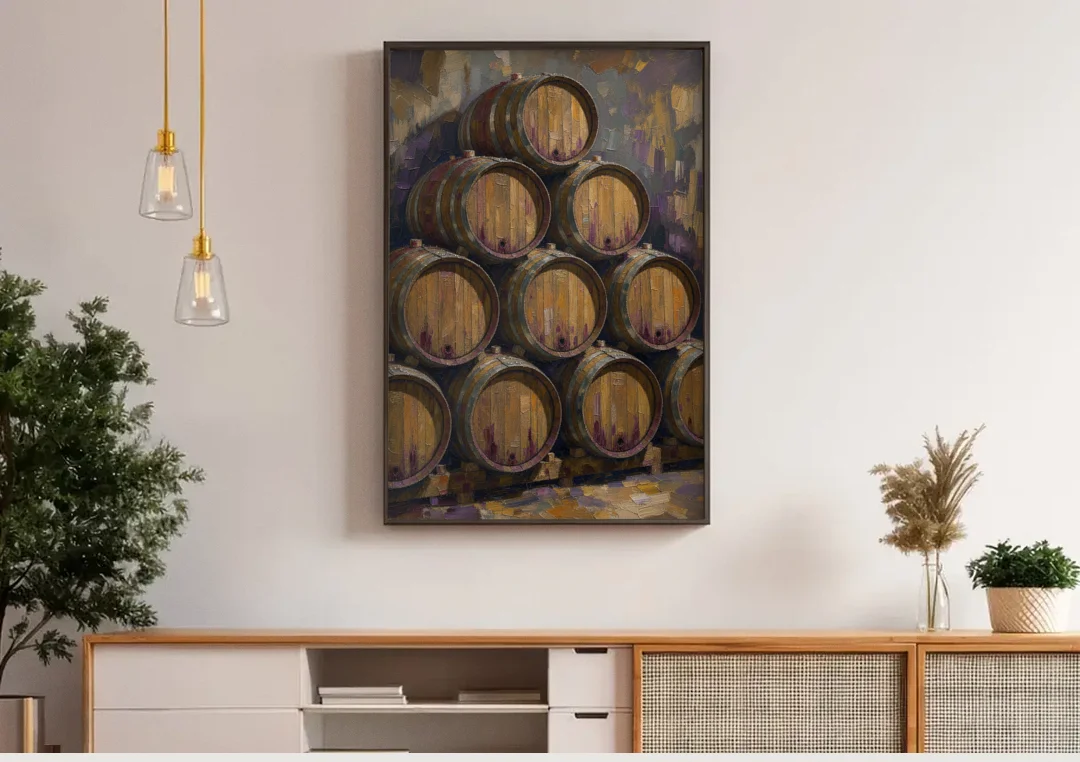 Wine Barrel Painting Pyramid of Oak Casks canvas wall art above a wooden sideboard under pendant lights