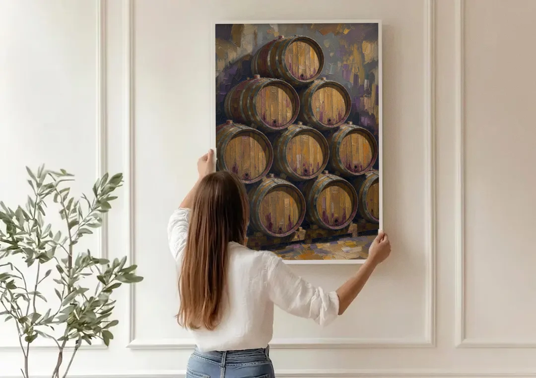 Wine Barrel Painting Pyramid of Oak Casks canvas wall art being hung on a paneled wall