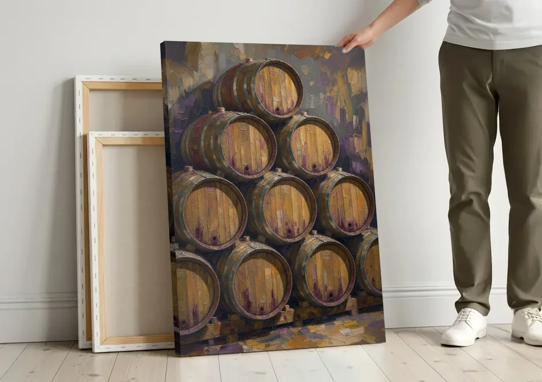 Wine Barrel Painting Pyramid of Oak Casks canvas wall art leaning against a wall next to blank canvases