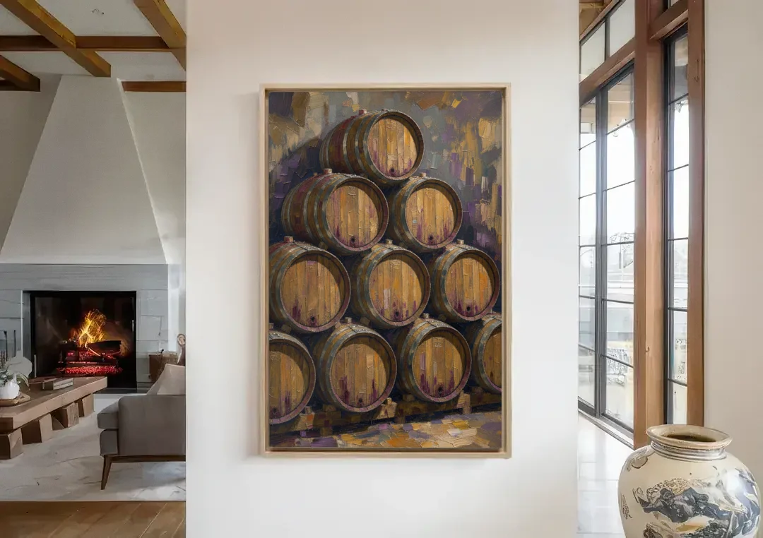 Wine Barrel Painting Pyramid of Oak Casks canvas wall art in a living room with a fireplace