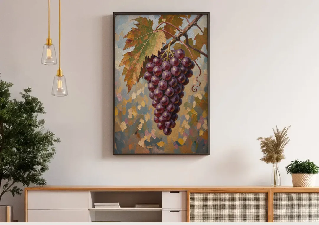 Wine Canvas Art of Ripe Grapes on the Vine canvas wall art above a wooden sideboard under pendant lights