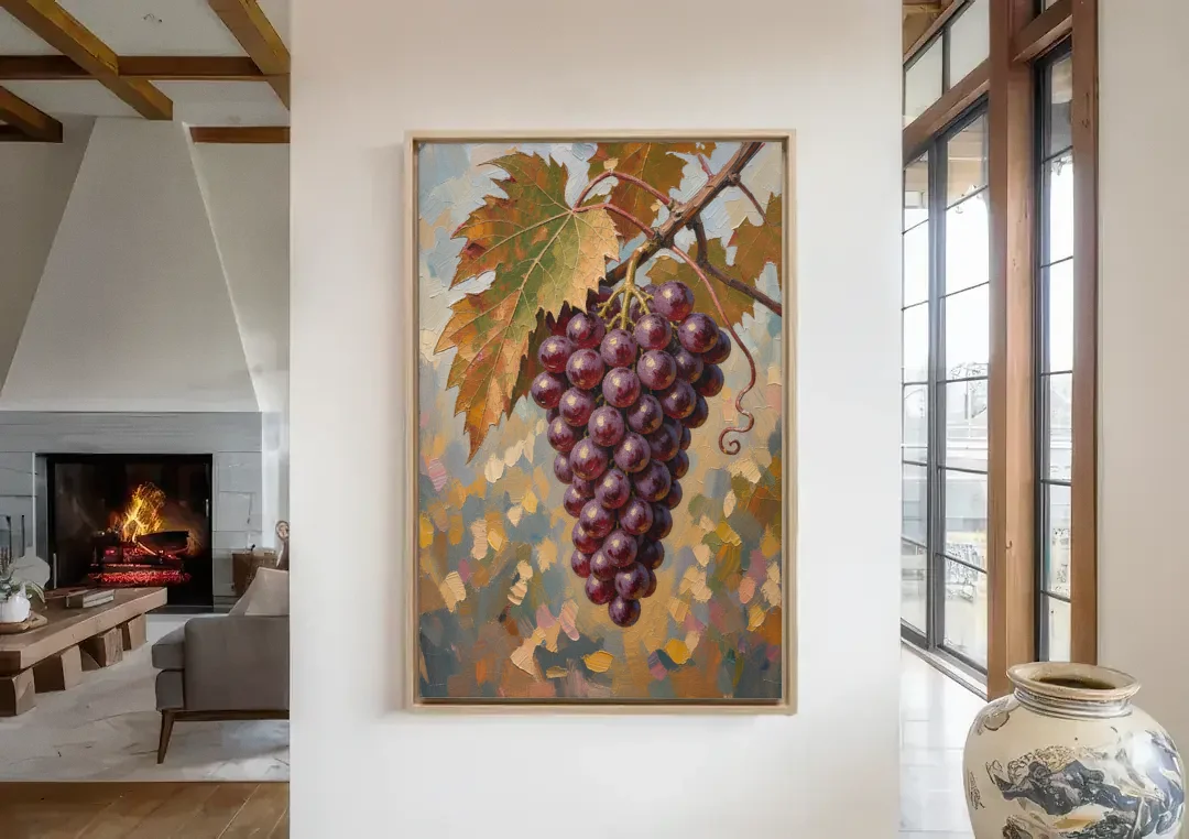 Wine Canvas Art of Ripe Grapes on the Vine canvas wall art in a living room with a fireplace