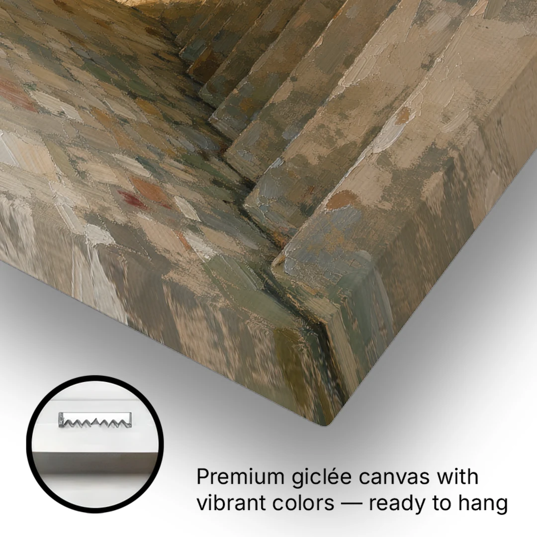 Wine Cellar Decor with Stone Steps to Golden Light - Canvas Wall Art - Gallery Wrap Corner
