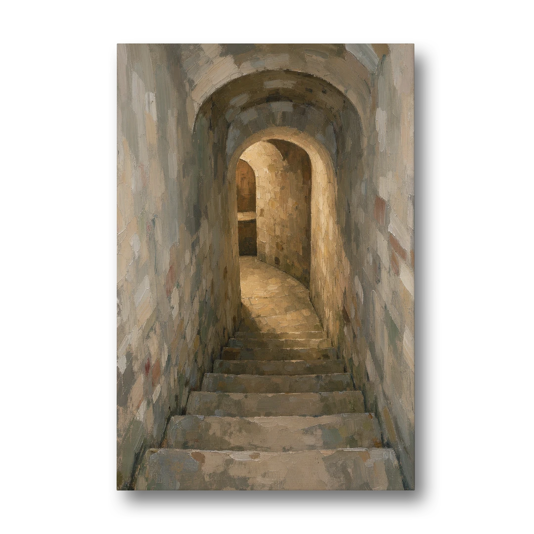 Wine Cellar Decor with Stone Steps to Golden Light - Canvas Wall Art - Front