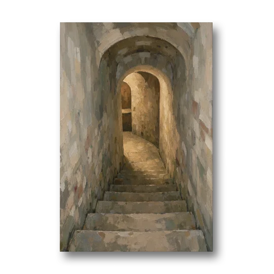 Wine Cellar Decor with Stone Steps to Golden Light - Canvas Wall Art - Front
