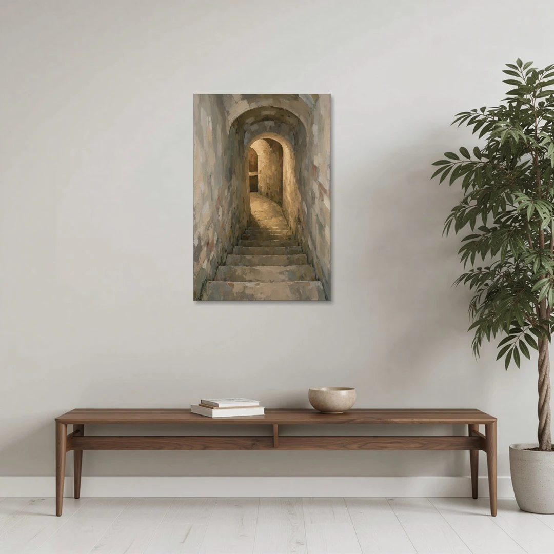 Wine Cellar Decor with Stone Steps to Golden Light - Canvas Wall Art - Coffee Table - 24x36