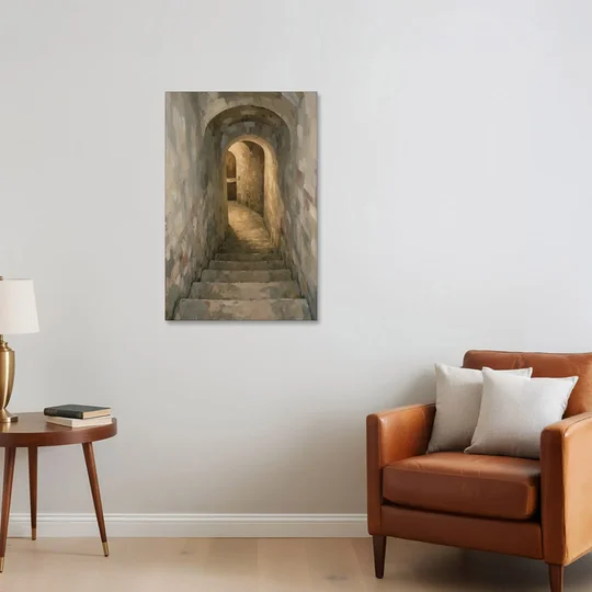 Wine Cellar Decor with Stone Steps to Golden Light - Canvas Wall Art - Sofa - 24x36