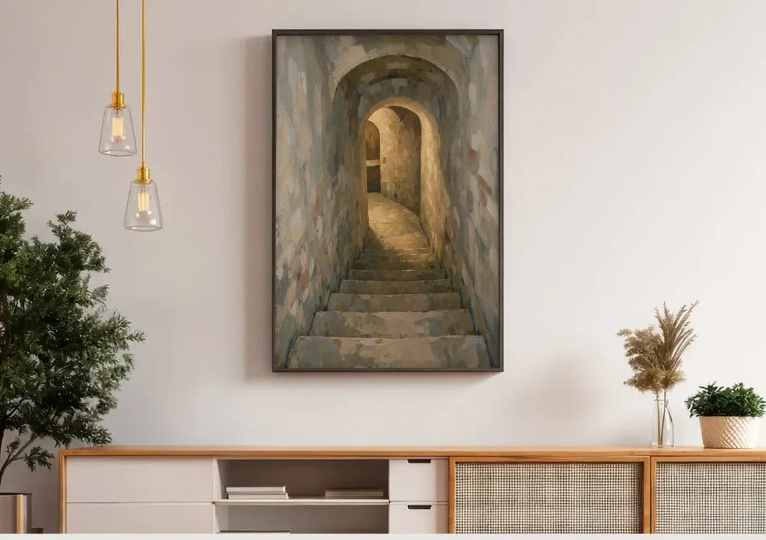 Wine Cellar Decor with Stone Steps to Golden Light canvas wall art above a wooden sideboard under pendant lights