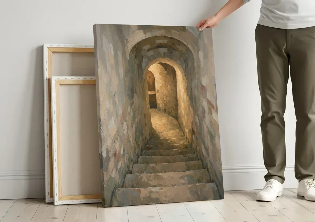 Wine Cellar Decor with Stone Steps to Golden Light canvas wall art leaning against a wall next to blank canvases