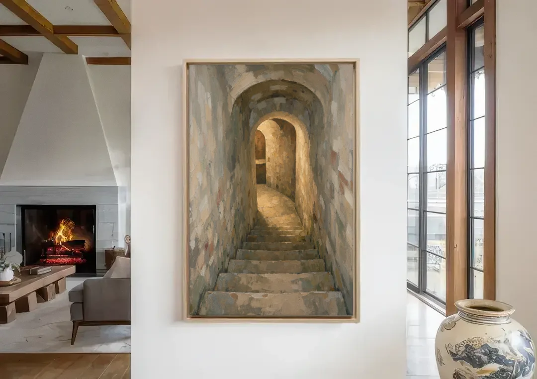 Wine Cellar Decor with Stone Steps to Golden Light canvas wall art in a living room with a fireplace