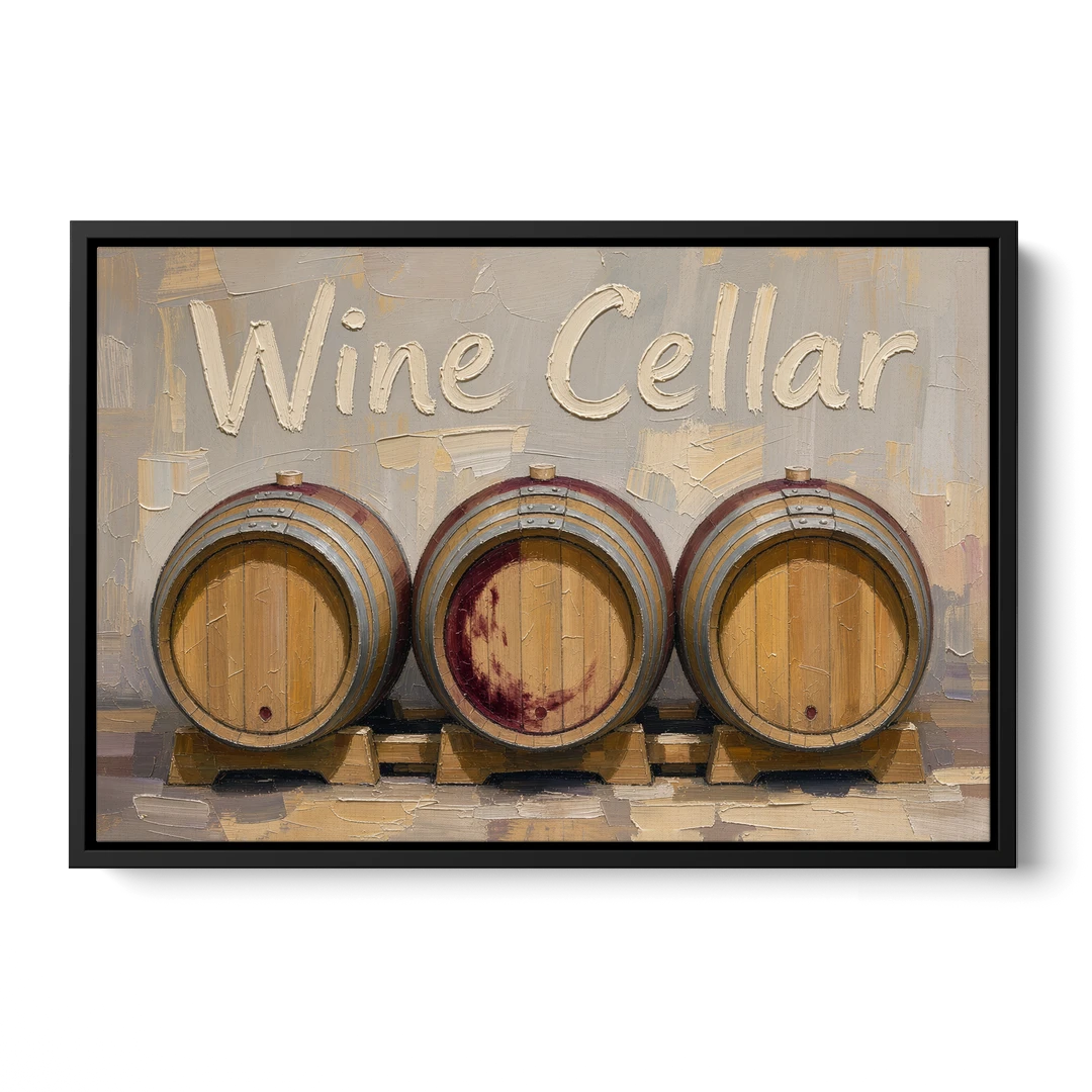 Wine Cellar Sign with Three Oak Barrels - Black Framed Canvas Wall Art - Front
