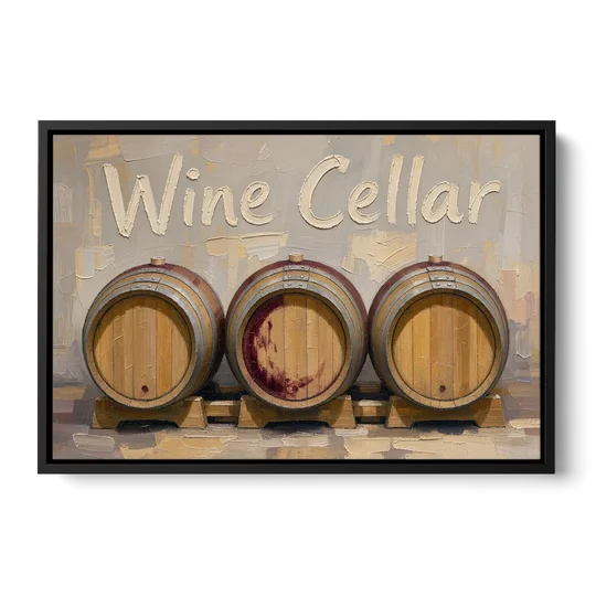Wine Cellar Sign with Three Oak Barrels - Black Framed Canvas Wall Art - Front