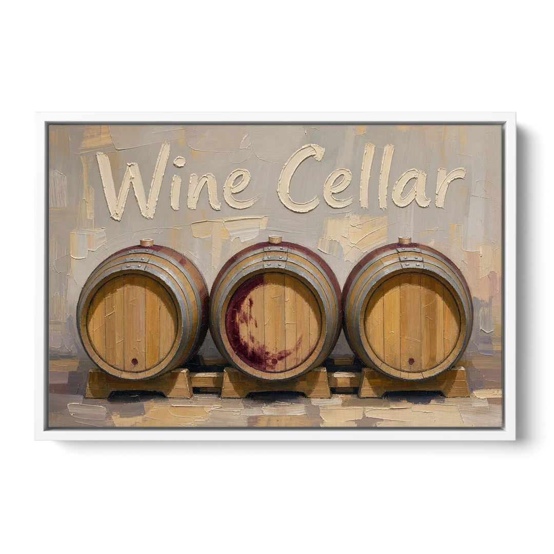 Wine Cellar Sign with Three Oak Barrels - White Framed Canvas Wall Art - Front
