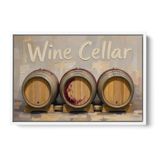 Wine Cellar Sign with Three Oak Barrels - White Framed Canvas Wall Art - Front
