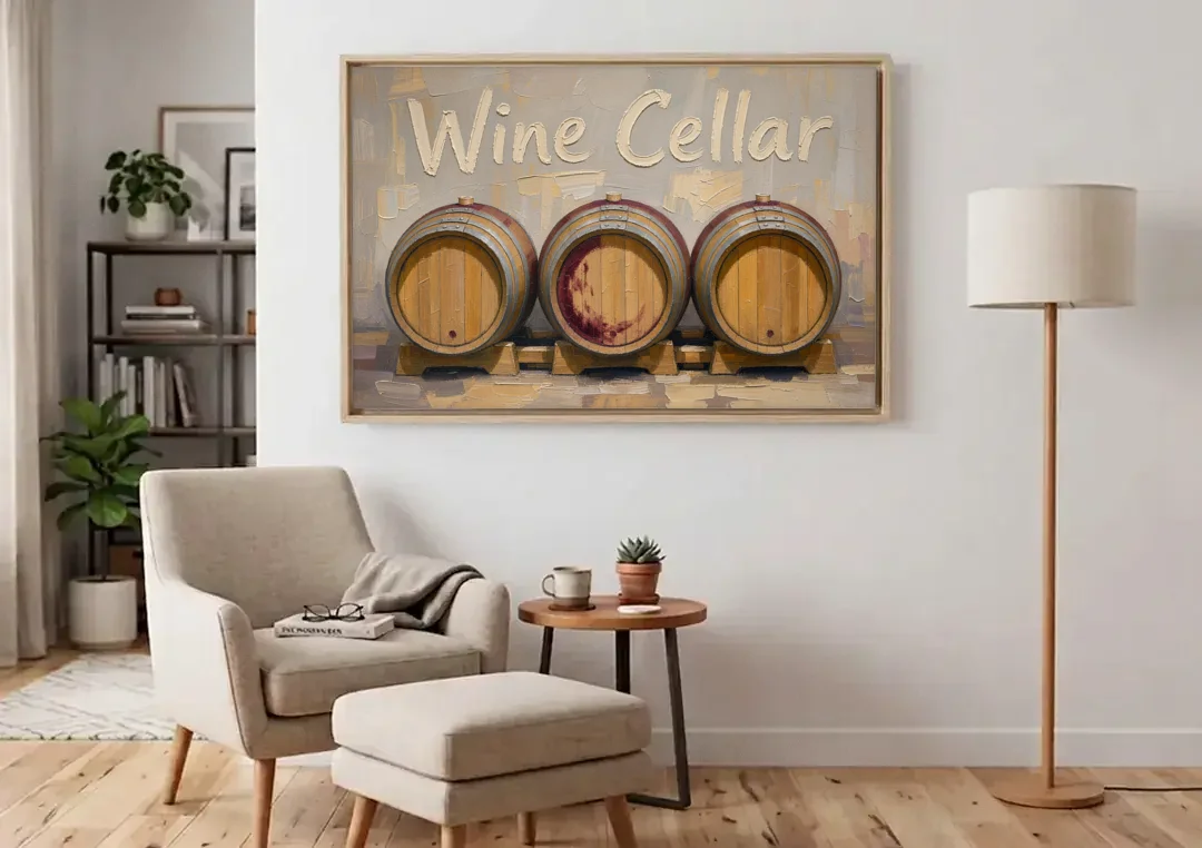 Wine Cellar Sign with Three Oak Barrels canvas wall art above an armchair in a bright living room