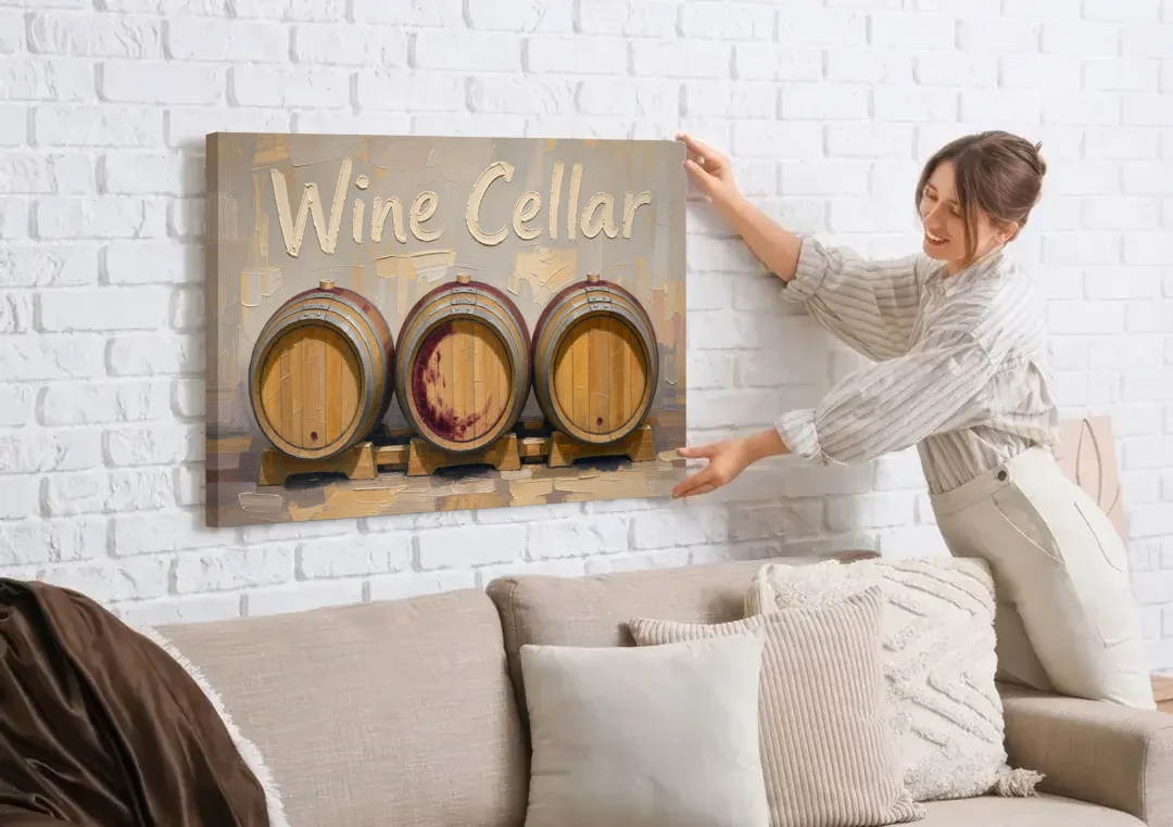 Wine Cellar Sign with Three Oak Barrels canvas wall art being hung on a white brick wall above a sofa