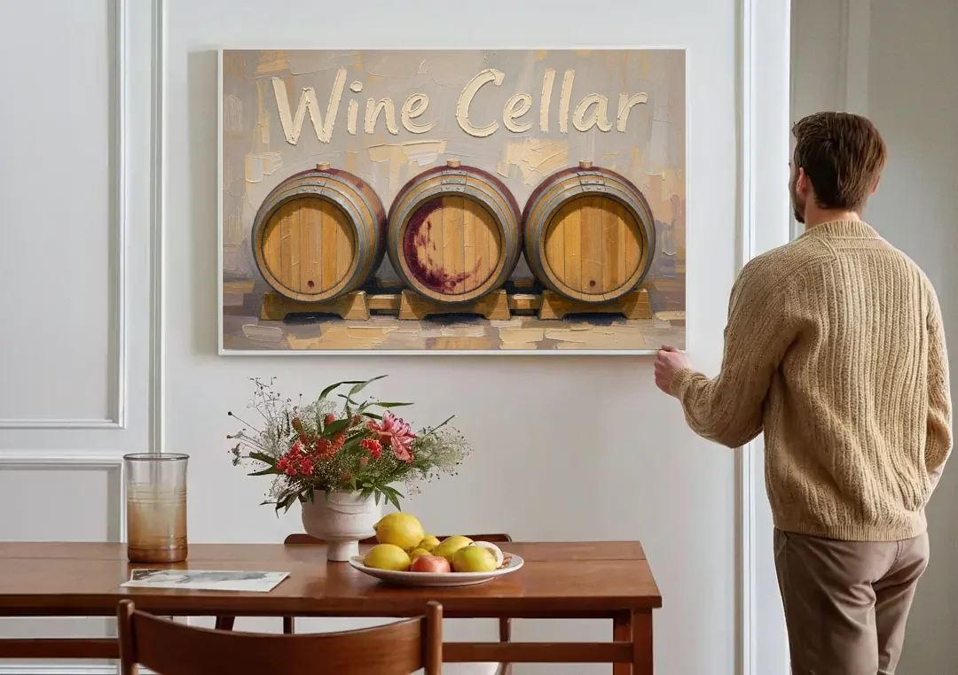 Wine Cellar Sign with Three Oak Barrels canvas wall art above a dining table