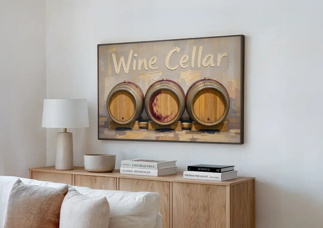 Wine Cellar Sign with Three Oak Barrels canvas wall art above a wooden sideboard next to a sofa