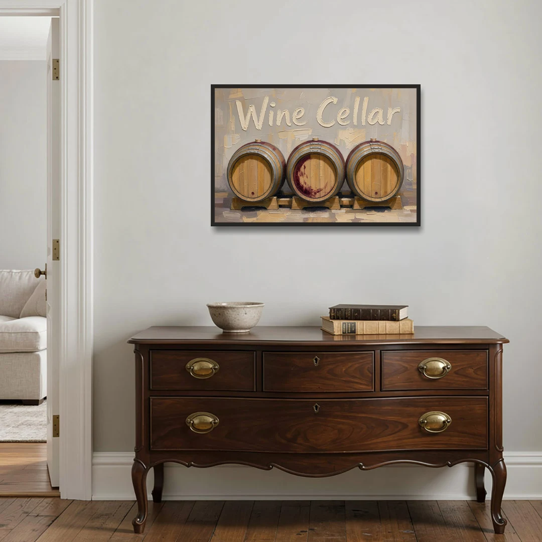 Wine Cellar Sign with Three Oak Barrels - Black Framed Canvas Wall Art - Coffee Table - 36x24