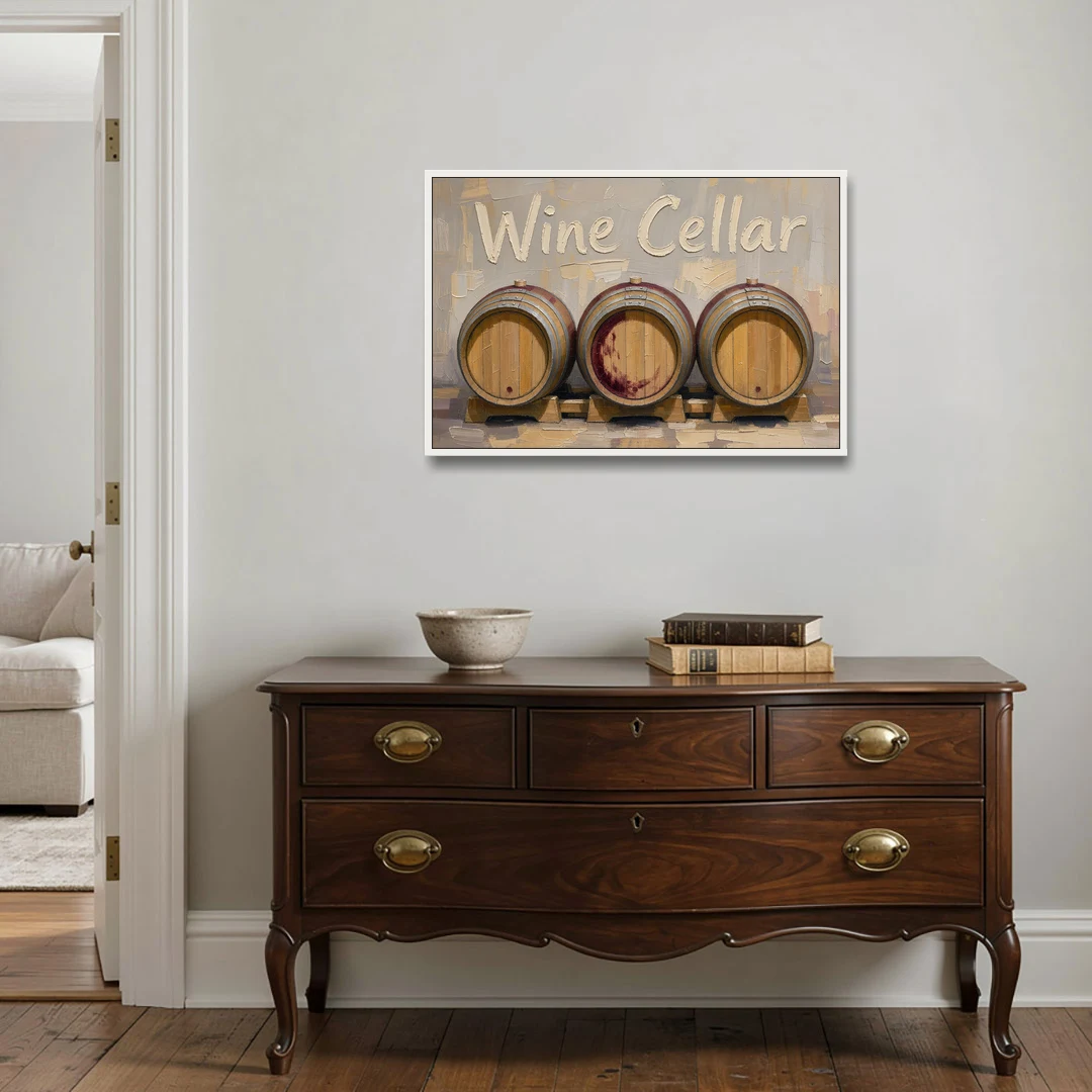 Wine Cellar Sign with Three Oak Barrels - White Framed Canvas Wall Art - Coffee Table - 36x24