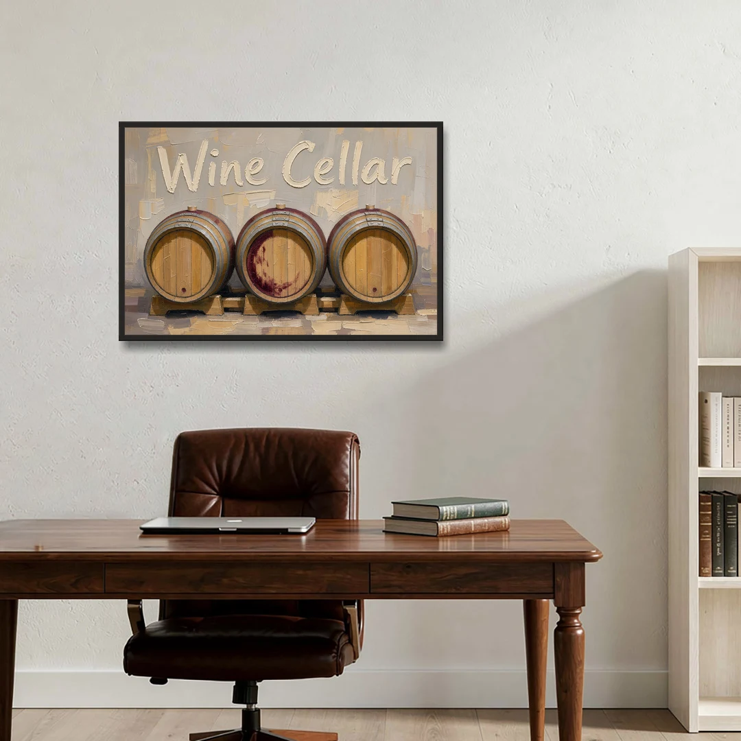 Wine Cellar Sign with Three Oak Barrels - Black Framed Canvas Wall Art - Office - 36x24