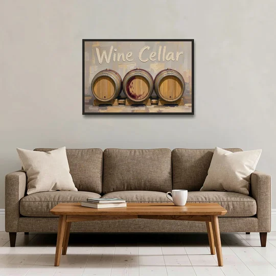 Wine Cellar Sign with Three Oak Barrels - Black Framed Canvas Wall Art - Sofa - 36x24