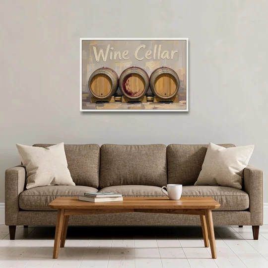 Wine Cellar Sign with Three Oak Barrels - White Framed Canvas Wall Art - Sofa - 36x24
