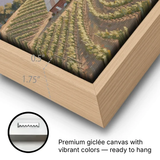 Wine Country Decor with Red Barn on Sonoma Hills - Oak Framed Canvas Wall Art - Gallery Wrap Corner