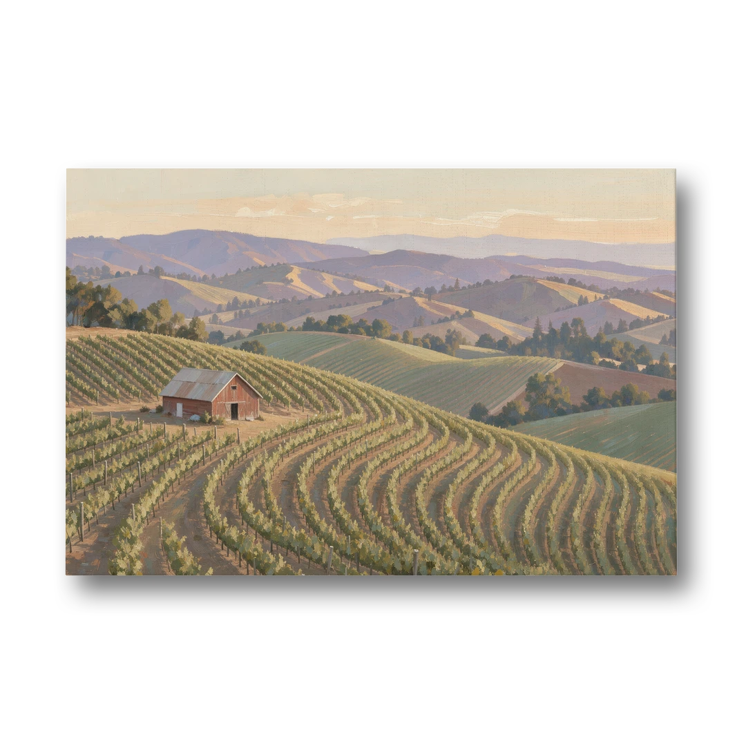 Wine Country Decor with Red Barn on Sonoma Hills - Canvas Wall Art - Front