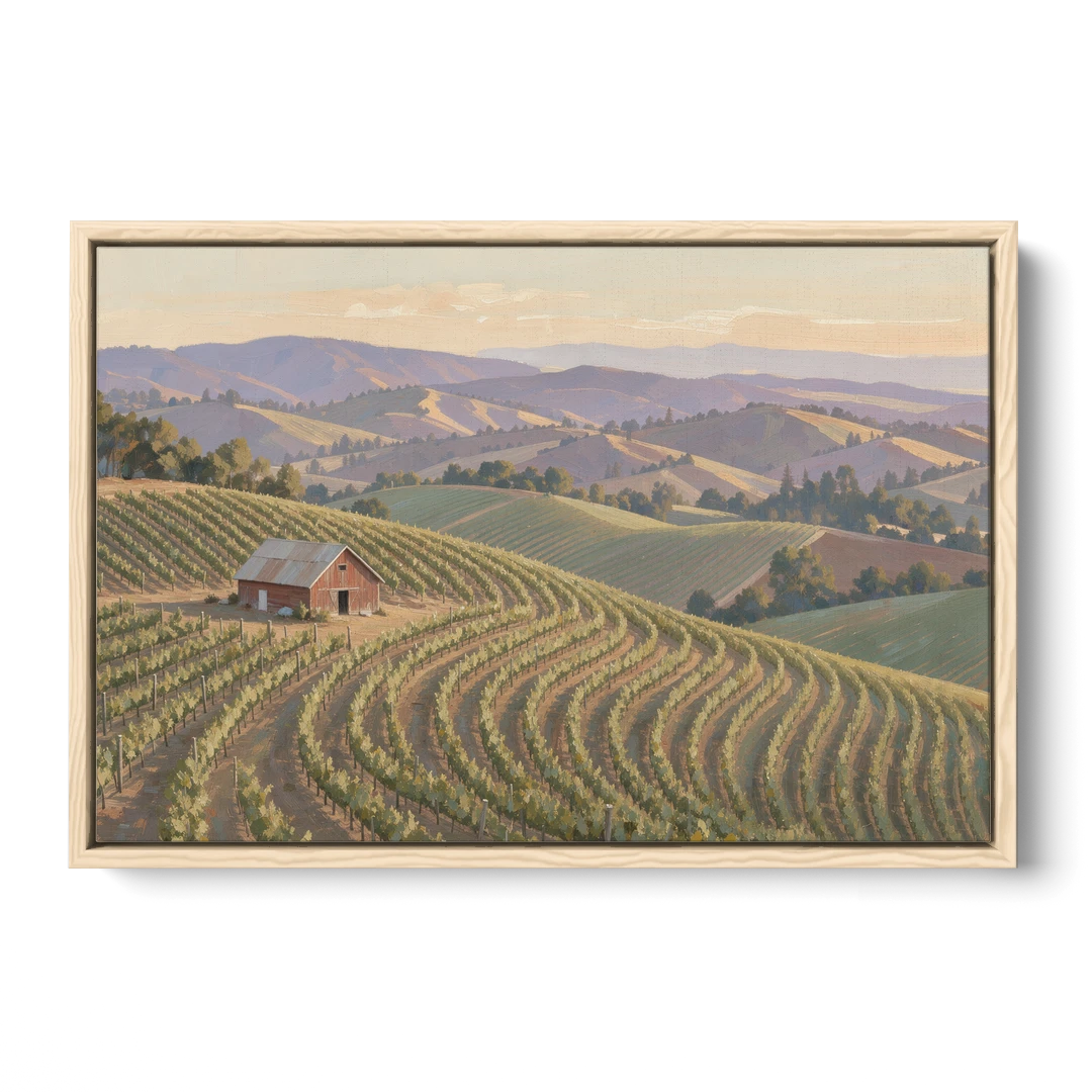Wine Country Decor with Red Barn on Sonoma Hills - Oak Framed Canvas Wall Art - Front