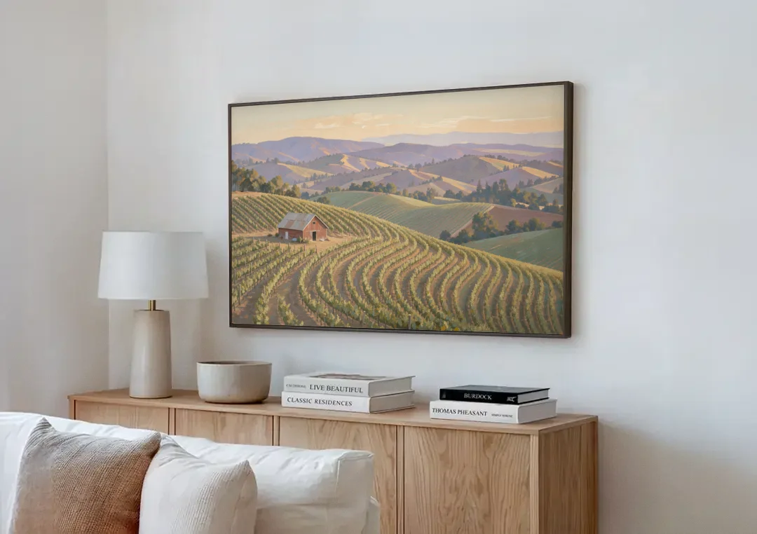 Wine Country Decor with Red Barn on Sonoma Hills canvas wall art above a wooden sideboard next to a sofa