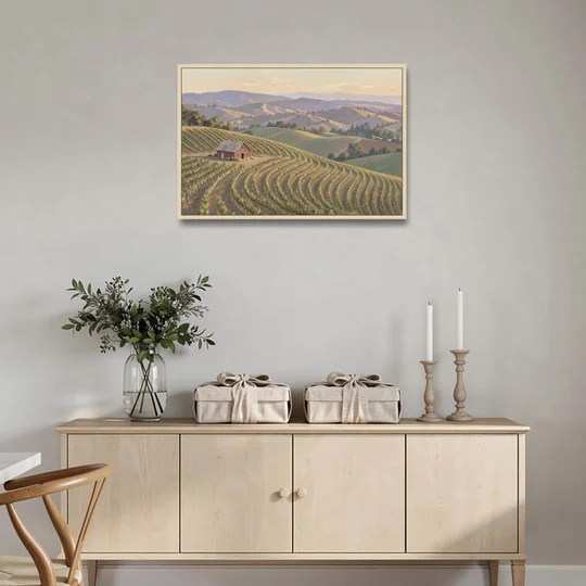 Wine Country Decor with Red Barn on Sonoma Hills - Oak Framed Canvas Wall Art - Coffee Table - 36x24