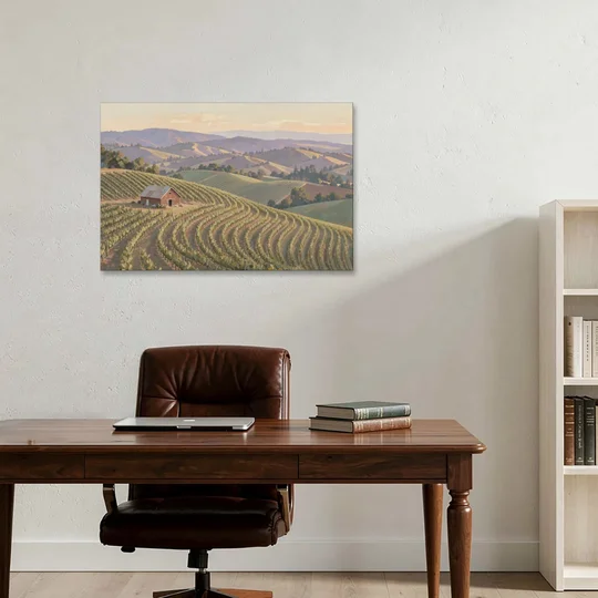 Wine Country Decor with Red Barn on Sonoma Hills - Canvas Wall Art - Office - 36x24