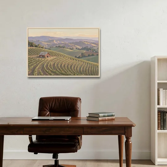 Wine Country Decor with Red Barn on Sonoma Hills - Oak Framed Canvas Wall Art - Office - 36x24