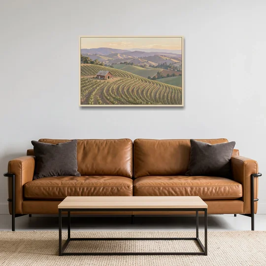 Wine Country Decor with Red Barn on Sonoma Hills - Oak Framed Canvas Wall Art - Sofa - 36x24