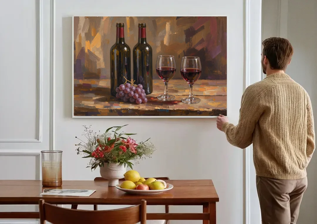 Wine Decor Wall Art with Two Bottles and Grapes canvas wall art above a dining table