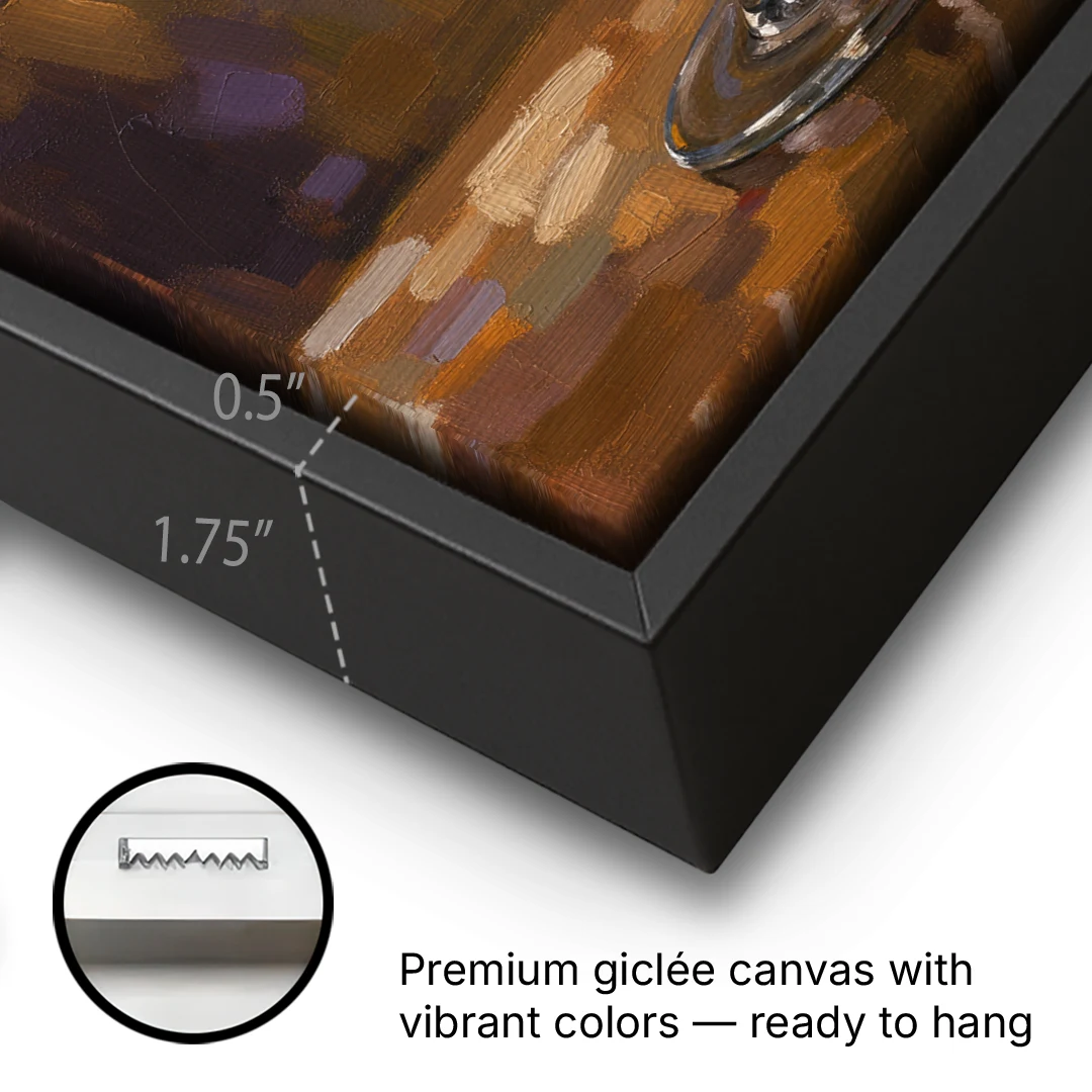Wine Glass Wall Art with a Swirling Red Pour - Black Framed Canvas Wall Art - Gallery Wrap Corner